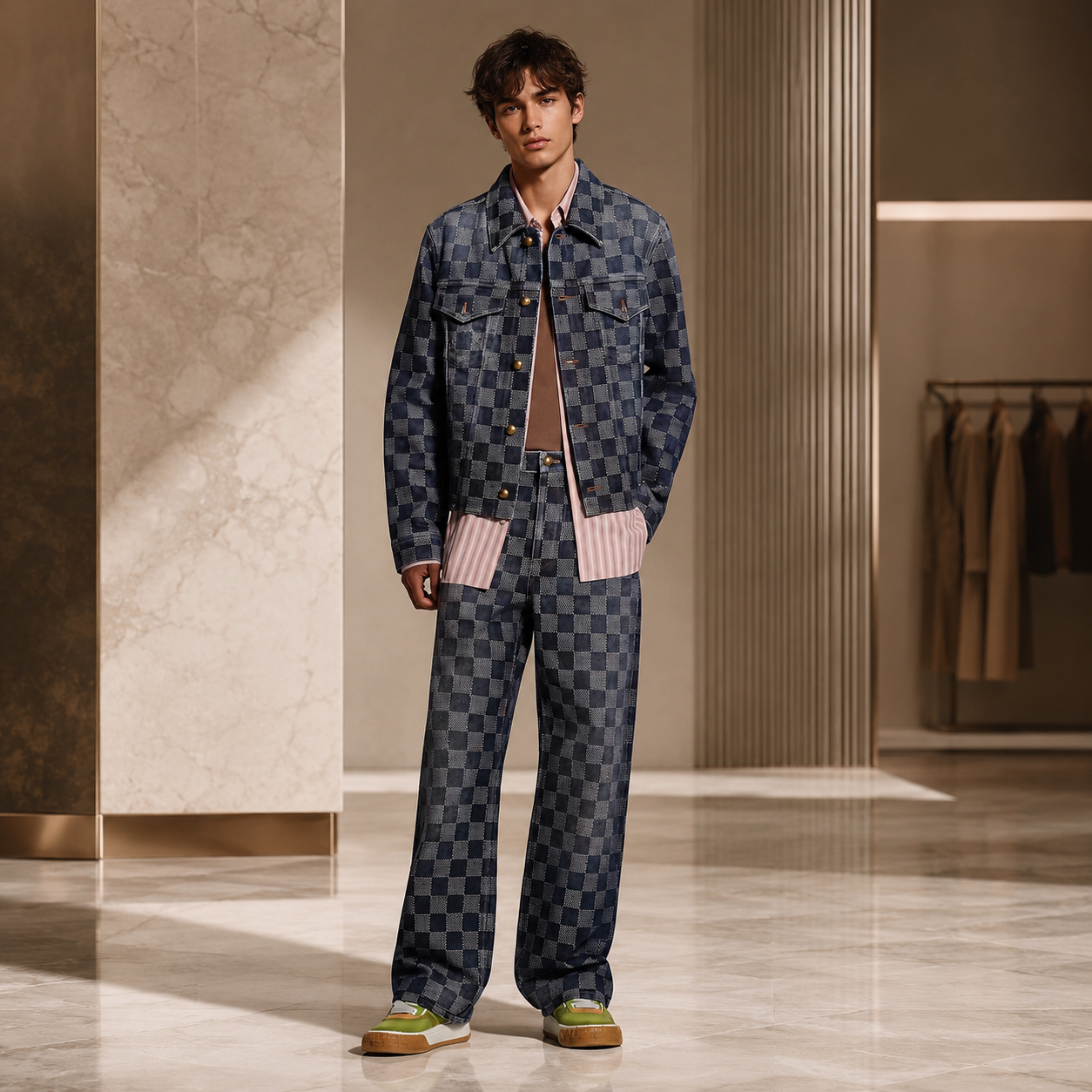 Model in checker denim jacket and matching trousers