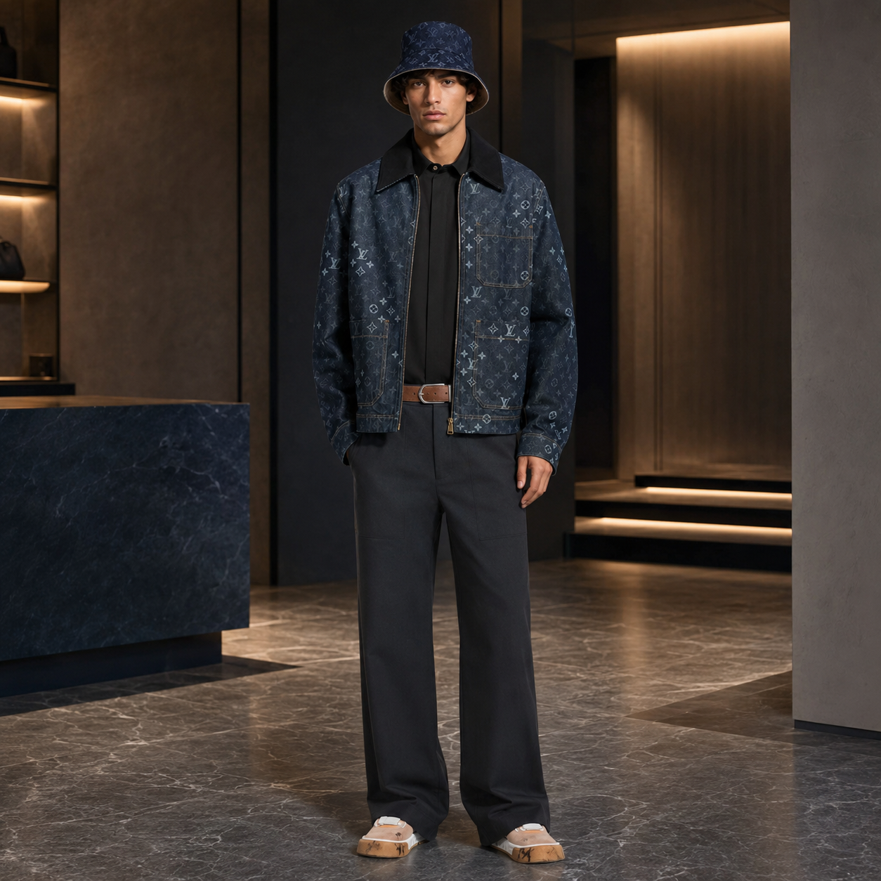 Model wearing dark monogram jacket and bucket hat